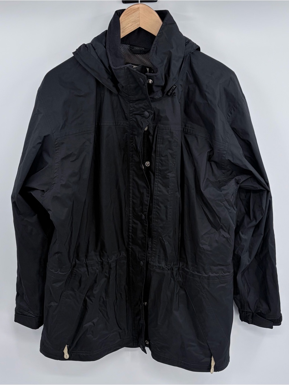 REI E1 element black hooded outdoor rain jacket women’s L camping hiking